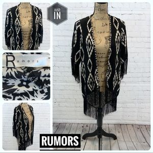 Rumors Aztec Fringe Open Front Cardigan Size XS
